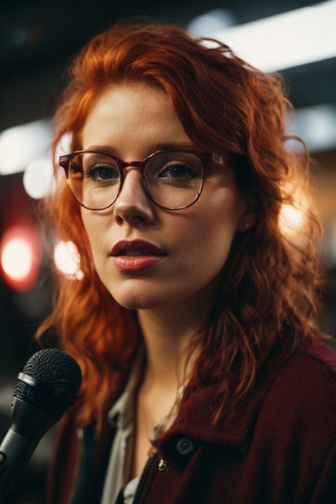 Ai Voice Agent - A pretty redhead woman talking into a mic