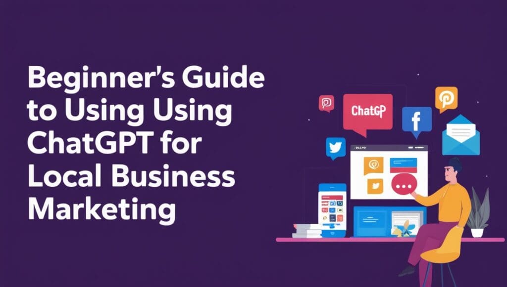 Illustration of a guide titled 'Beginner's Guide to Using ChatGPT for Local Business Marketing' with a person at a desk surrounded by icons representing social media platforms like Facebook, Twitter, and Pinterest, symbolizing various digital marketing channels.