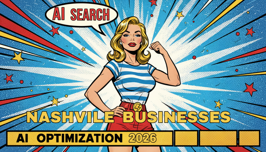 Excited Nashville shop owner high-fives glowing AI search bot amid Music City skyline—AI optimization rocking local businesses in 2026!