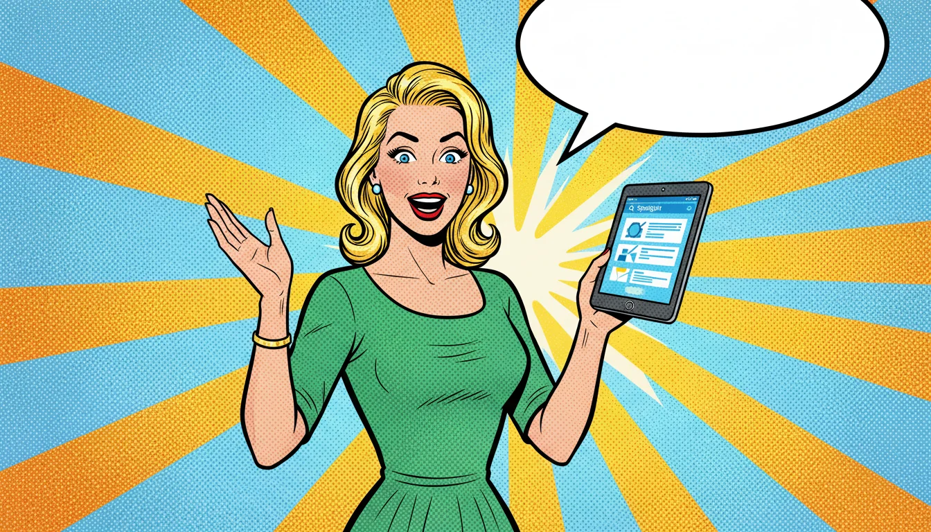 Excited blonde lady showcases Apple's AI search on iPad—direct answers boosting site visibility in 2026.