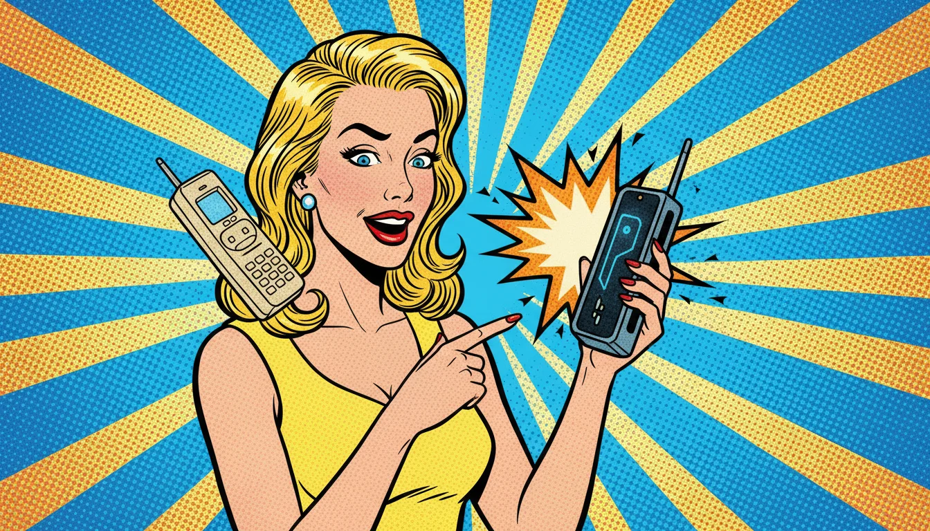 Sassy blonde compares flip phone SEO to smart AI search tactics for better business visibility.