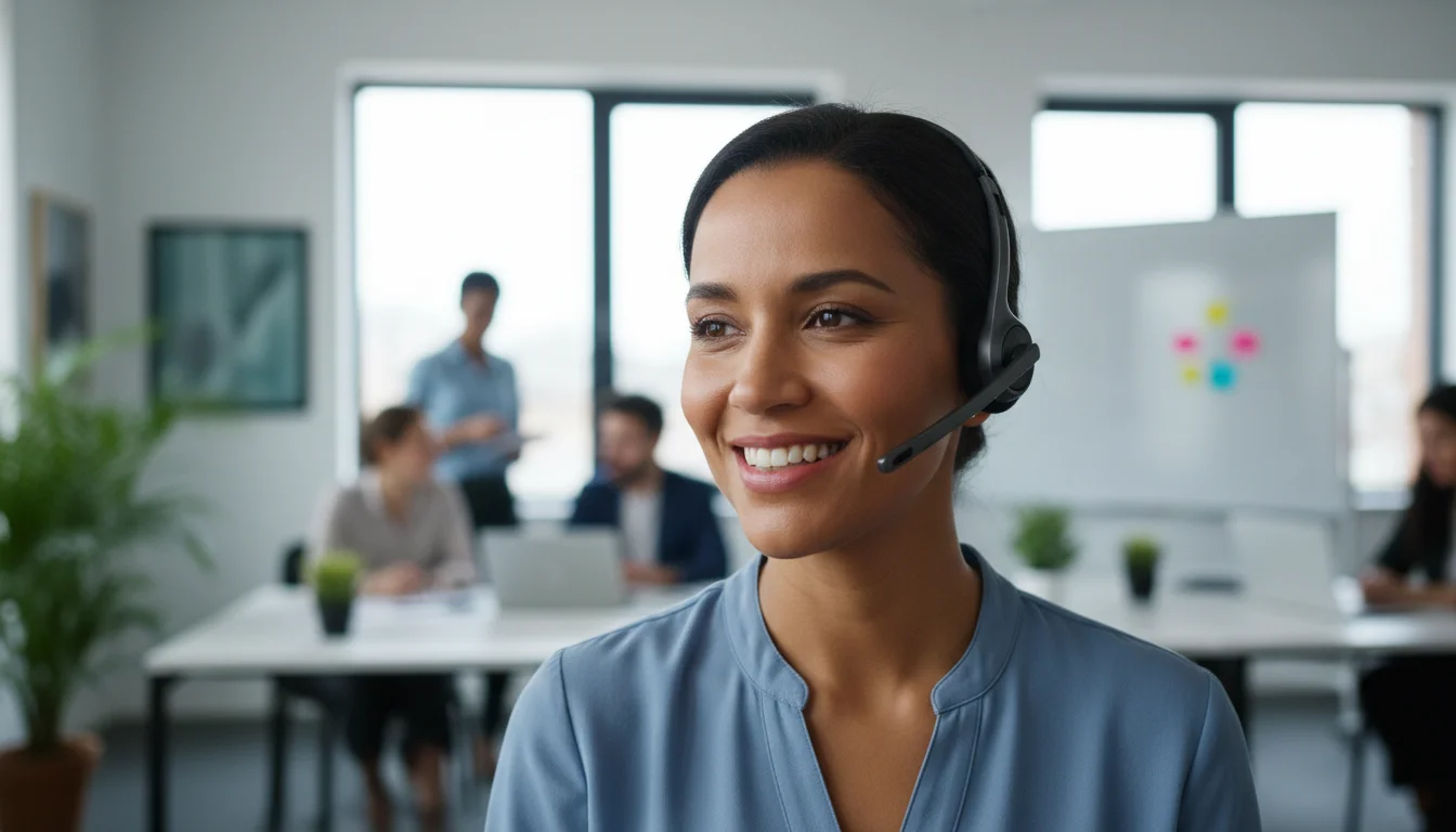 A friendly, headset-wearing customer service rep smiling, ready to answer questions in a modern office.