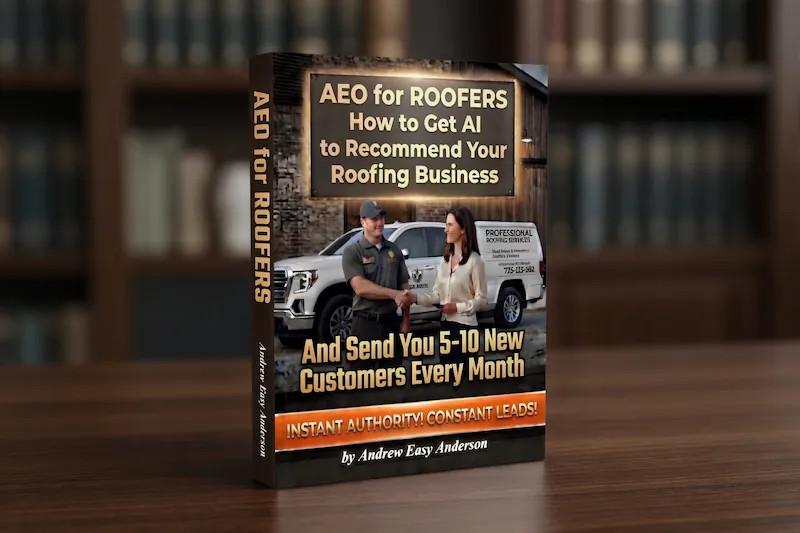 book cover of AEO for Roofers on a wooden desk