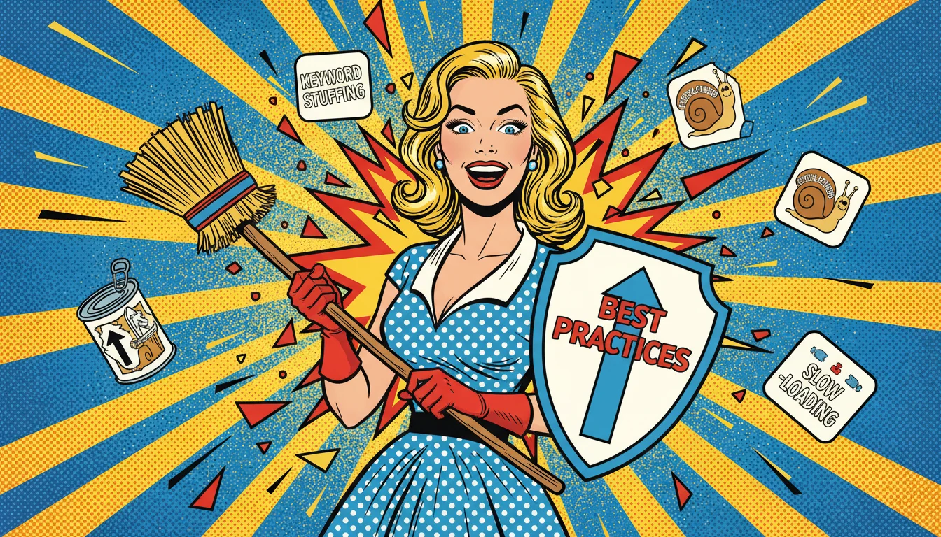 Blonde hero banishes SEO pitfalls like stuffing and slow sites with broom power