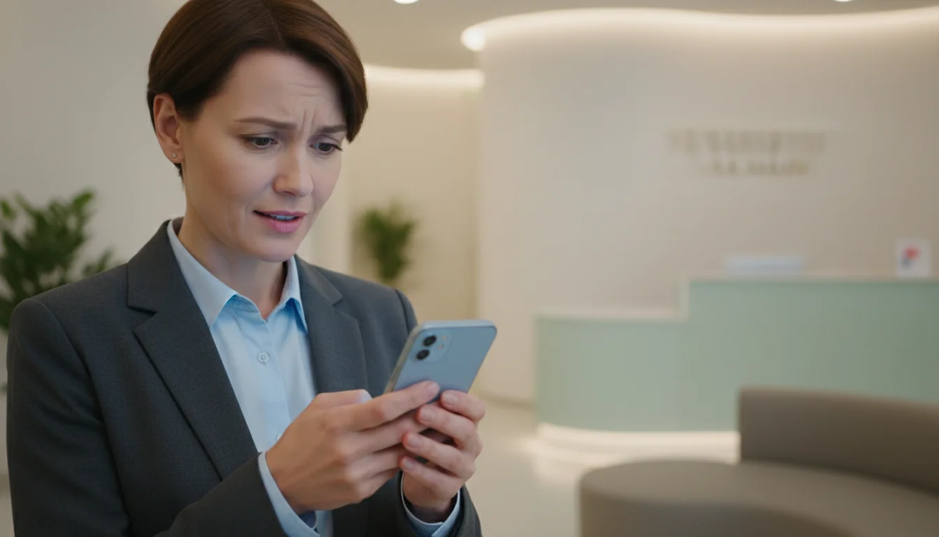 A professional looking at a smartphone with a dawning realization, a modern clinic reception blurred in background.