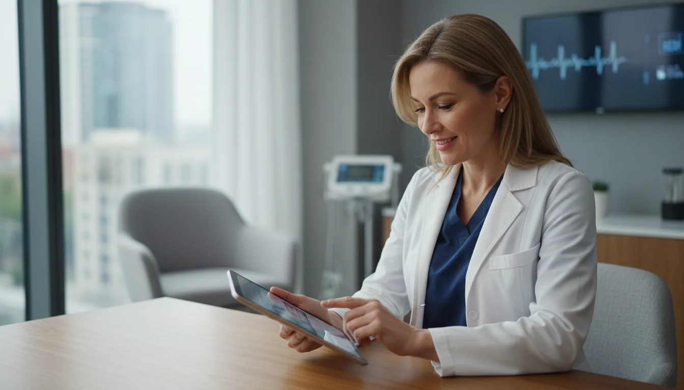 A confident female plastic surgeon engaging with a tablet in a modern, high-end consultation room.