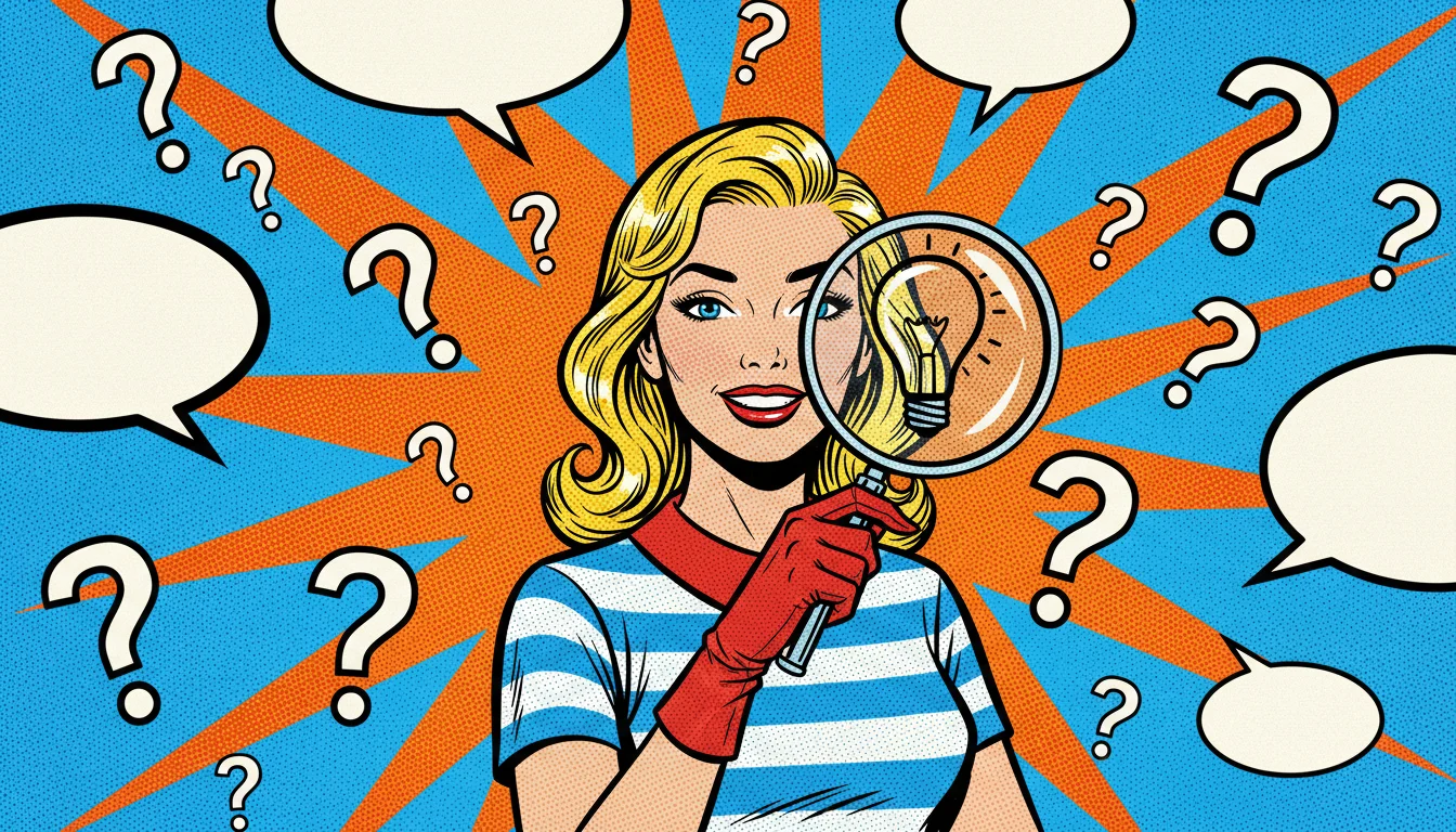 Blonde woman holding magnifying glass to reveal clear answers amidst scattered question marks, for FAQs.