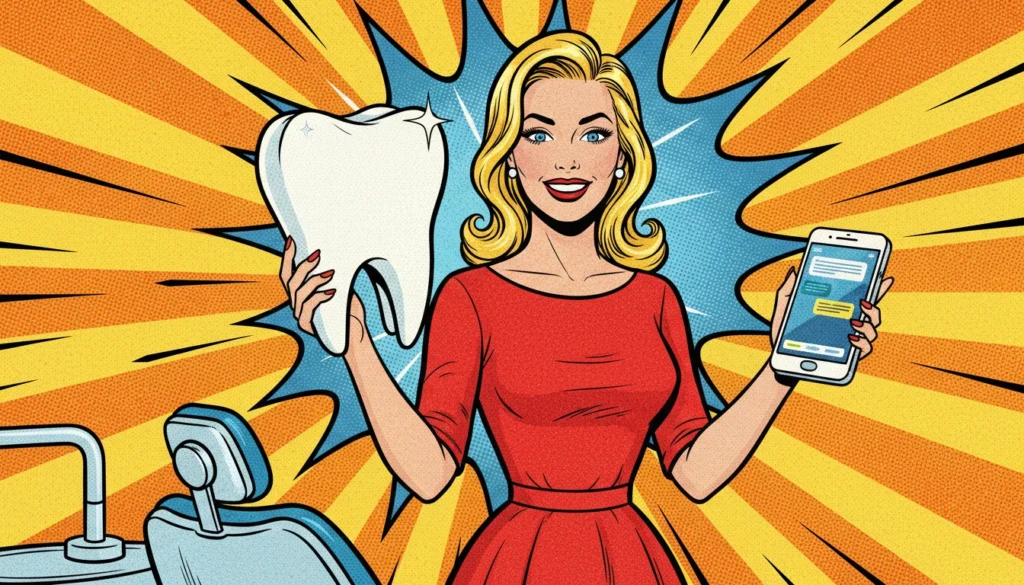 Confident woman holds giant tooth and smartphone showing AI chat for dental practice visibility