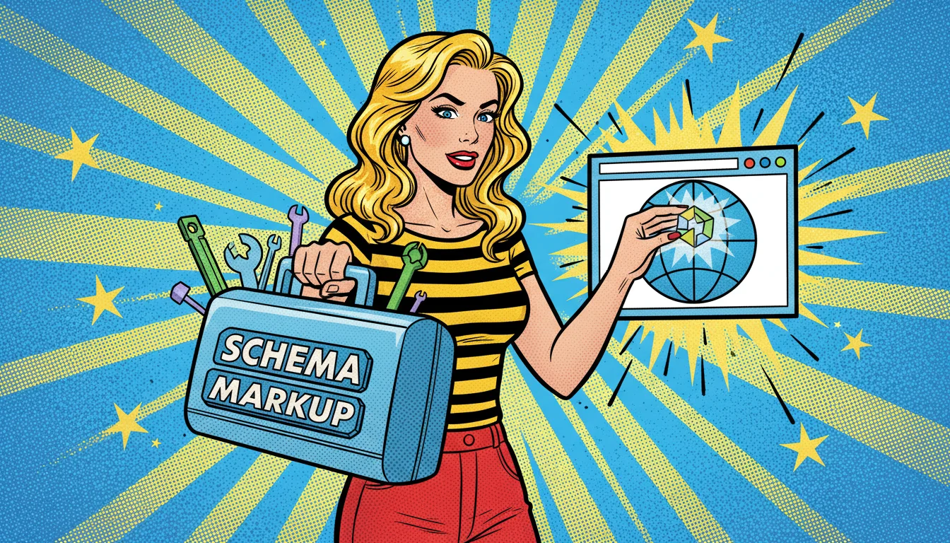 Blonde woman using a 'Schema Markup' toolkit to install code, making a website icon light up for AI.