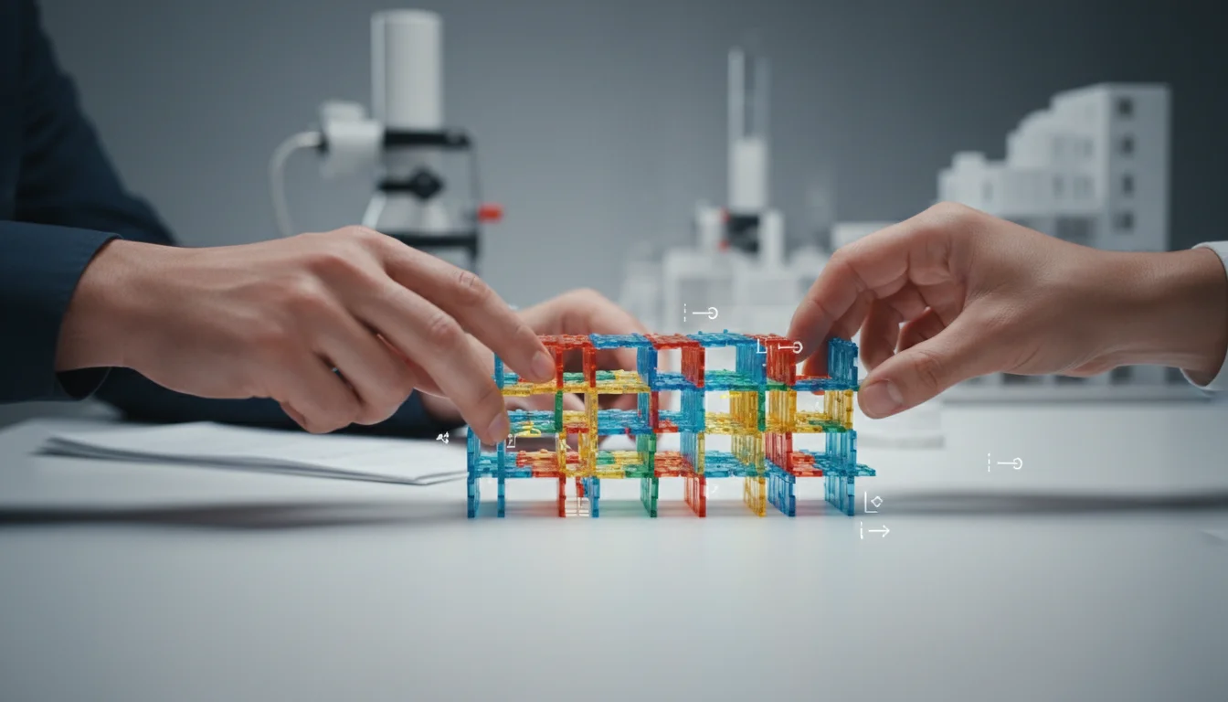 Hands precisely arranging colorful transparent building blocks, symbolizing structured data and organization.