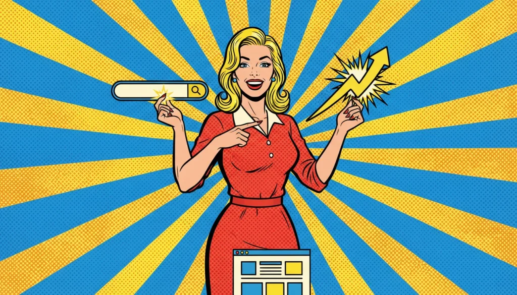 Confident blonde woman celebrates SEO wins with search icons and skyrocketing graphs in retro style