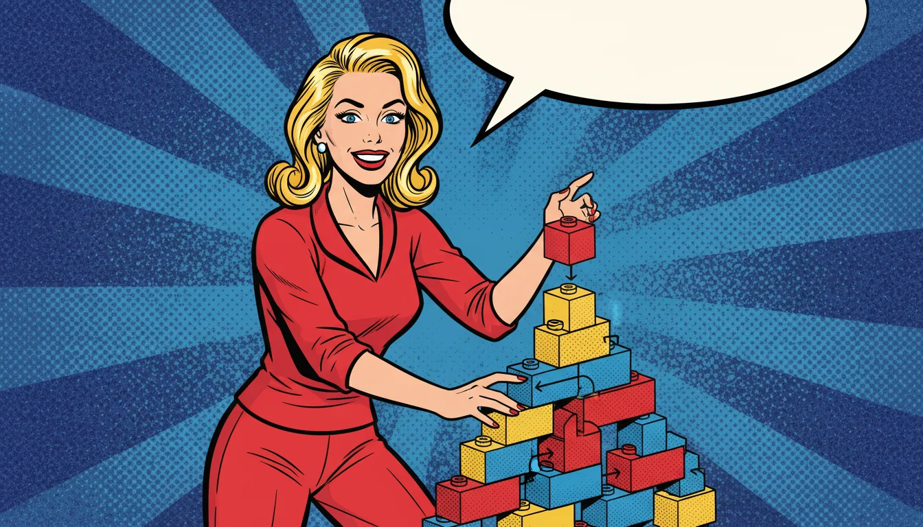 Sassy blonde stacks schema blocks high, making structured data a breeze for AI love.