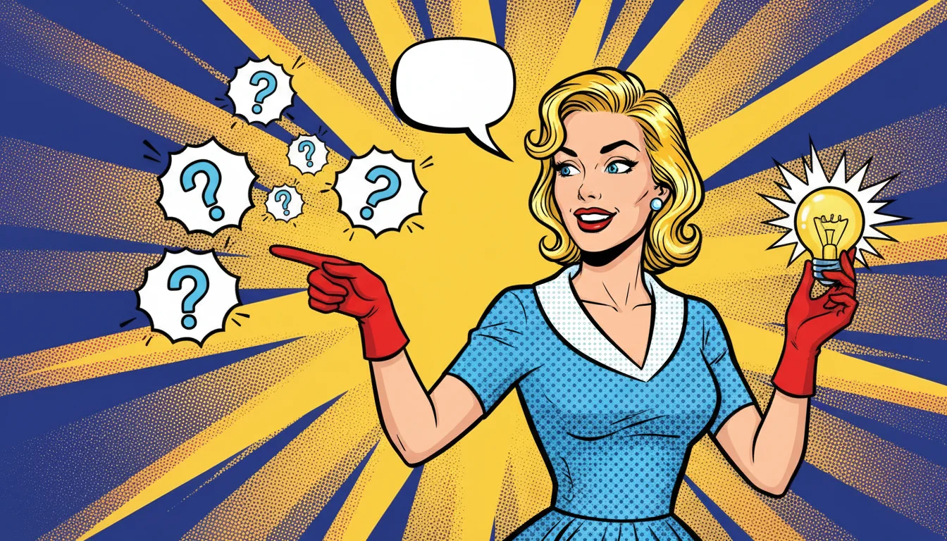 Curious blonde dives into AI search FAQs, lightbulb glowing with key insights for businesses.