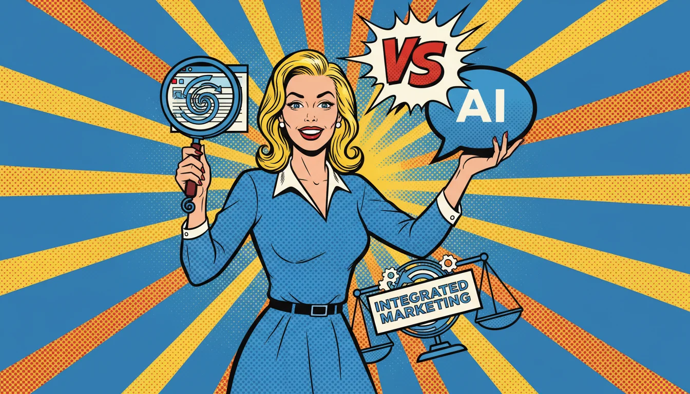 Blonde strategist faces off SEO tools vs AEO chat bubbles in epic comic battle