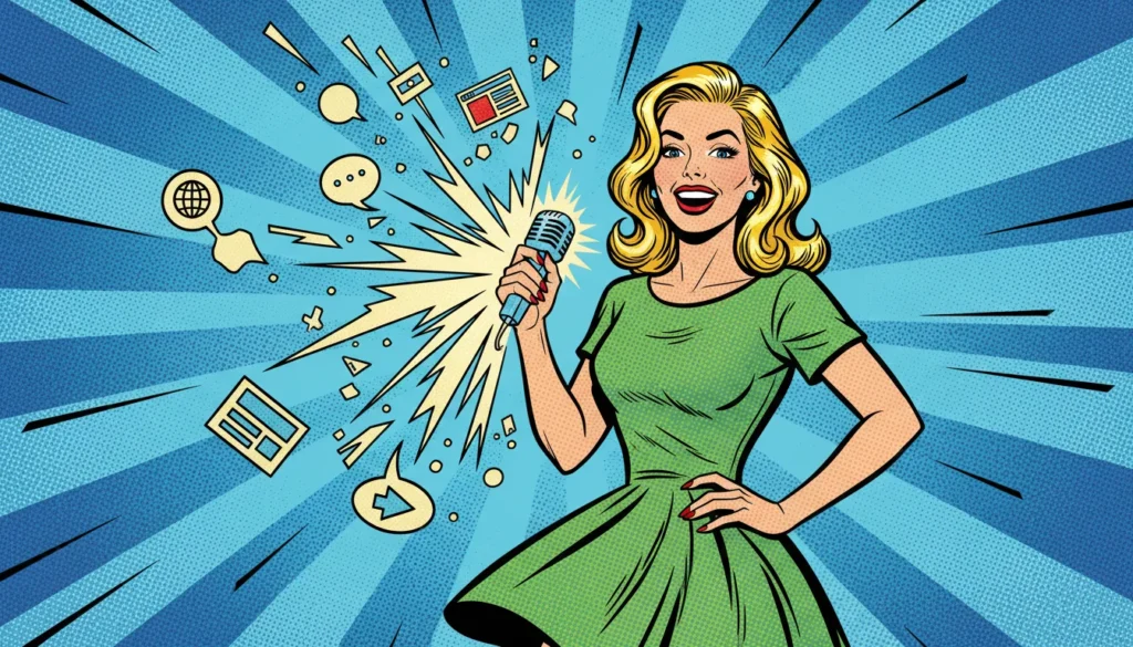 Blonde bombshell belts out schema magic into a mic, boosting her site for voice search stars!