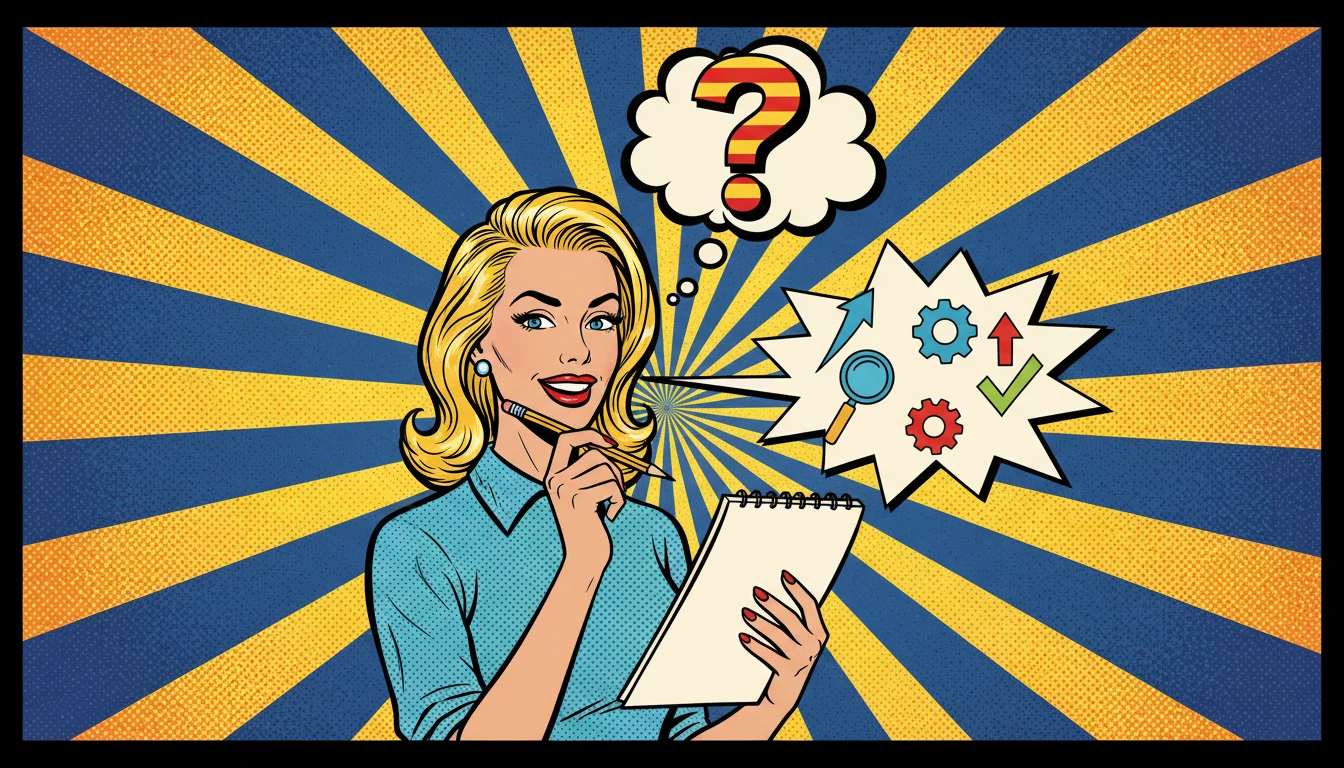 Blonde expert unravels SEO questions with thought bubbles and keyword icons in comic flair