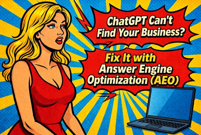Woman looking surprised at laptop showing ChatGPT can't find your business - Answer Engine Optimization solution